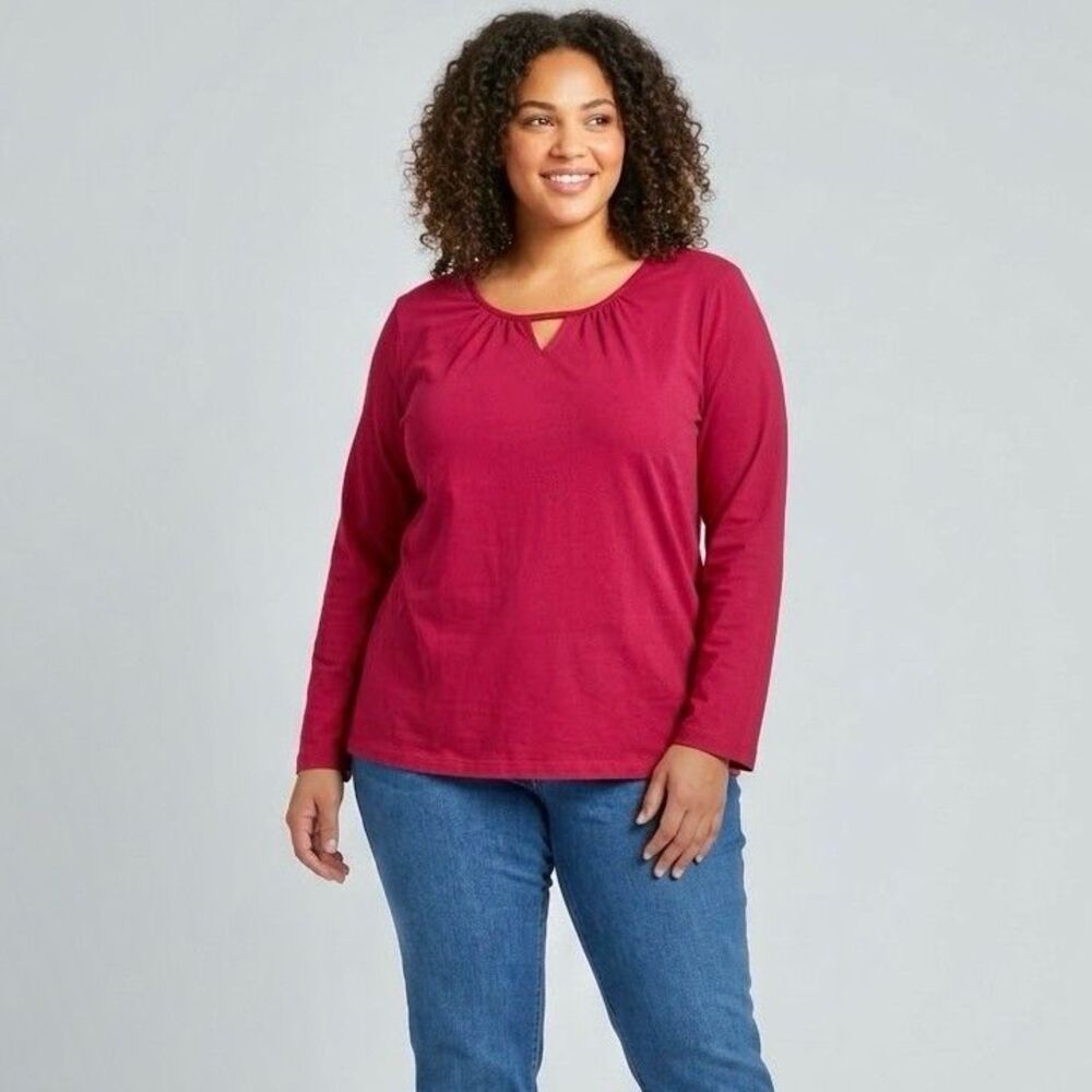 Liz Claiborne Womens 2X Red Keyhole Blouse Pleated Long Sleeve Pullover Cotton